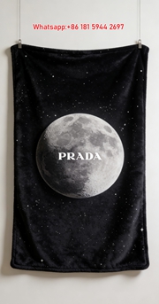 Prada Black Night Sky Moon Printed Flannel Throw Blanket IMG_2766